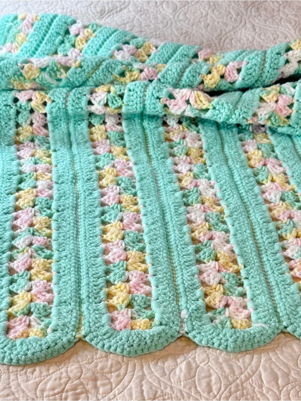Vintage handmade crocheted afghan blanket mint green pink yellow stripe